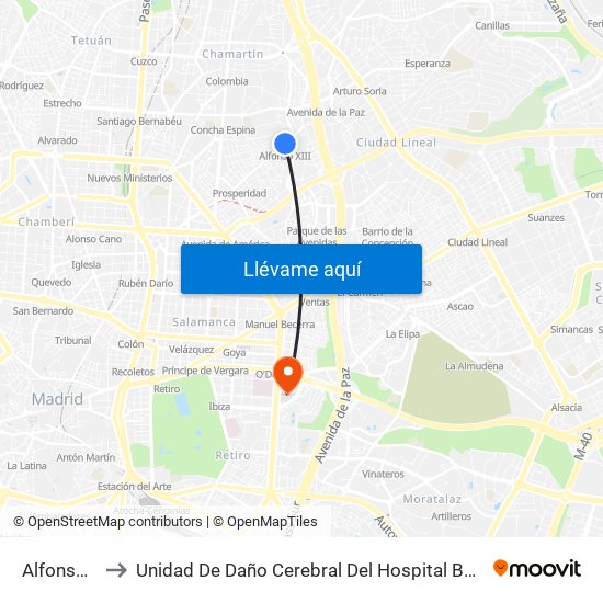 Alfonso XIII to Unidad De Daño Cerebral Del Hospital Beata María Ana map