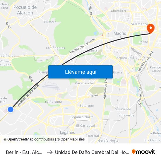 Berlín - Est. Alcorcón Central to Unidad De Daño Cerebral Del Hospital Beata María Ana map