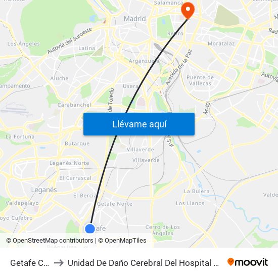 Getafe Centro to Unidad De Daño Cerebral Del Hospital Beata María Ana map