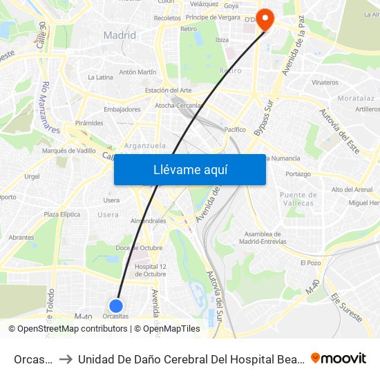 Orcasitas to Unidad De Daño Cerebral Del Hospital Beata María Ana map