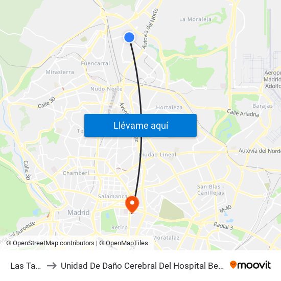 Las Tablas to Unidad De Daño Cerebral Del Hospital Beata María Ana map