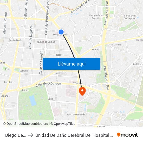 Diego De León to Unidad De Daño Cerebral Del Hospital Beata María Ana map