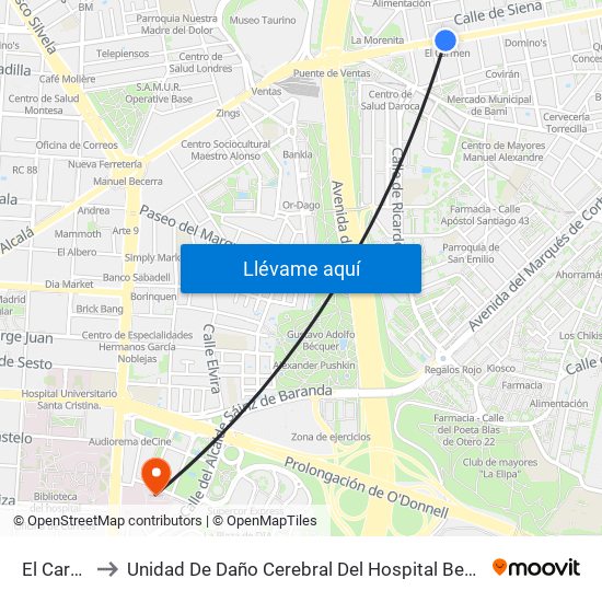 El Carmen to Unidad De Daño Cerebral Del Hospital Beata María Ana map