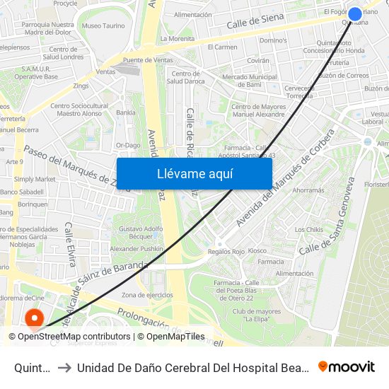 Quintana to Unidad De Daño Cerebral Del Hospital Beata María Ana map