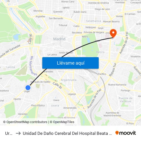 Urgel to Unidad De Daño Cerebral Del Hospital Beata María Ana map