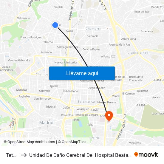 Tetuán to Unidad De Daño Cerebral Del Hospital Beata María Ana map