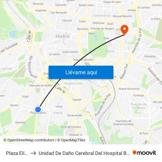 Plaza Elíptica to Unidad De Daño Cerebral Del Hospital Beata María Ana map