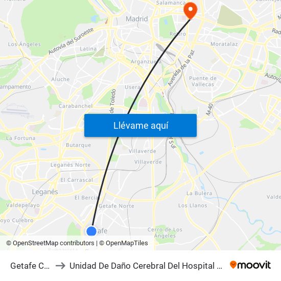 Getafe Central to Unidad De Daño Cerebral Del Hospital Beata María Ana map