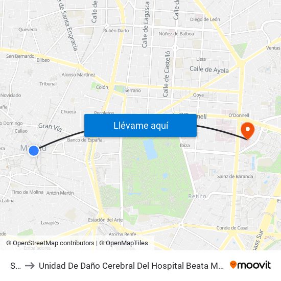 Sol to Unidad De Daño Cerebral Del Hospital Beata María Ana map