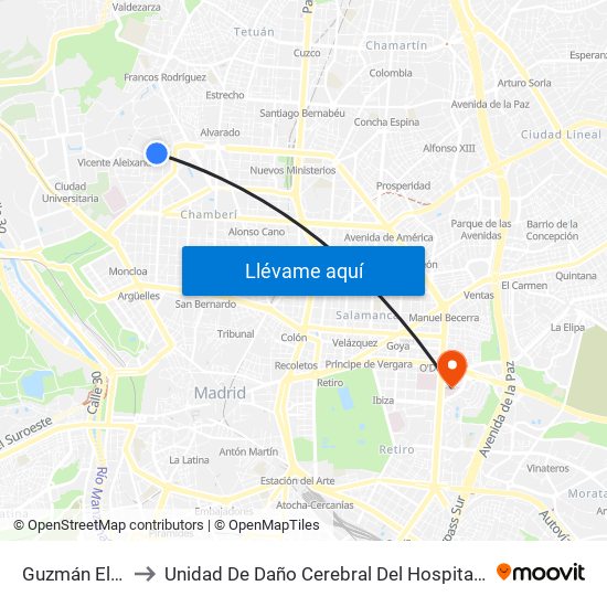Guzmán El Bueno to Unidad De Daño Cerebral Del Hospital Beata María Ana map