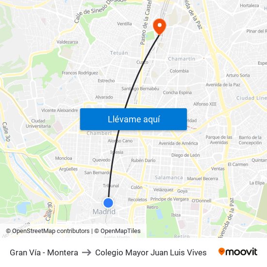 Gran Vía - Montera to Colegio Mayor Juan Luis Vives map
