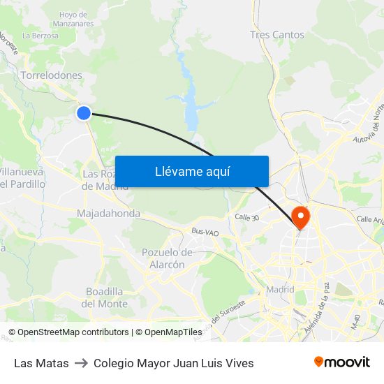 Las Matas to Colegio Mayor Juan Luis Vives map