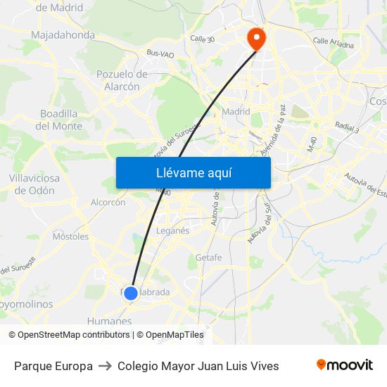 Parque Europa to Colegio Mayor Juan Luis Vives map
