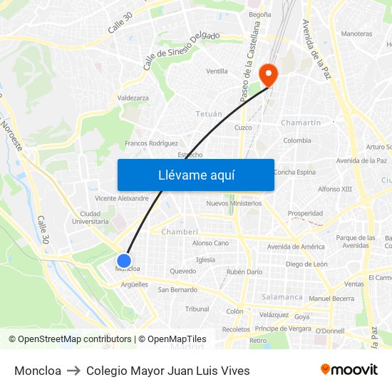 Moncloa to Colegio Mayor Juan Luis Vives map