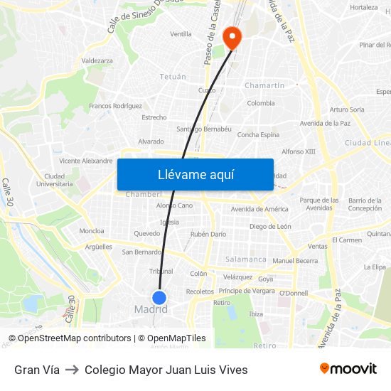 Gran Vía to Colegio Mayor Juan Luis Vives map