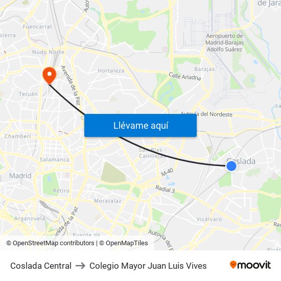 Coslada Central to Colegio Mayor Juan Luis Vives map