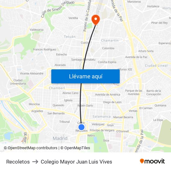 Recoletos to Colegio Mayor Juan Luis Vives map