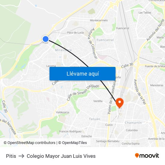 Pitis to Colegio Mayor Juan Luis Vives map