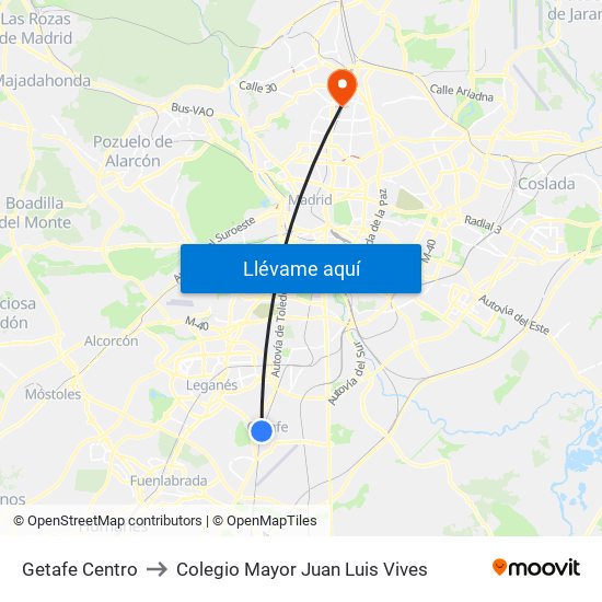 Getafe Centro to Colegio Mayor Juan Luis Vives map