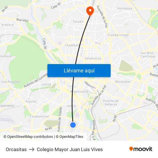 Orcasitas to Colegio Mayor Juan Luis Vives map