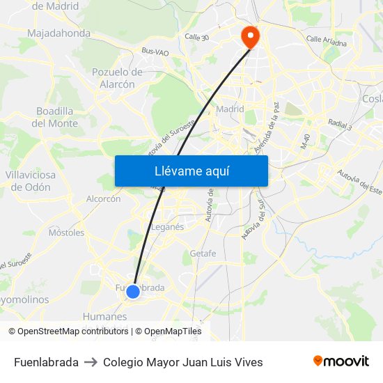 Fuenlabrada to Colegio Mayor Juan Luis Vives map