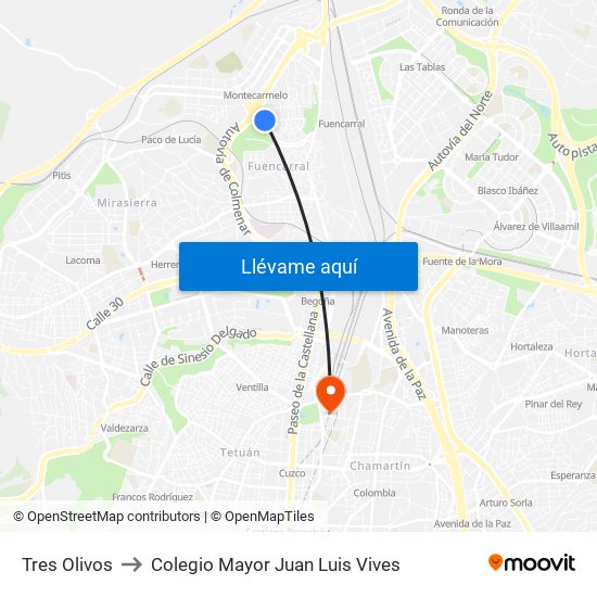 Tres Olivos to Colegio Mayor Juan Luis Vives map
