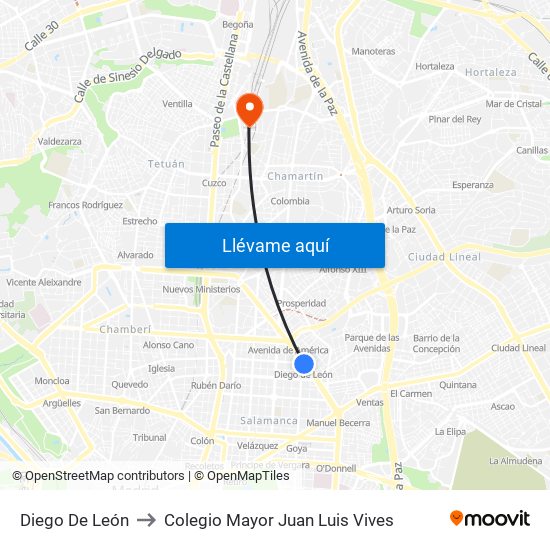 Diego De León to Colegio Mayor Juan Luis Vives map