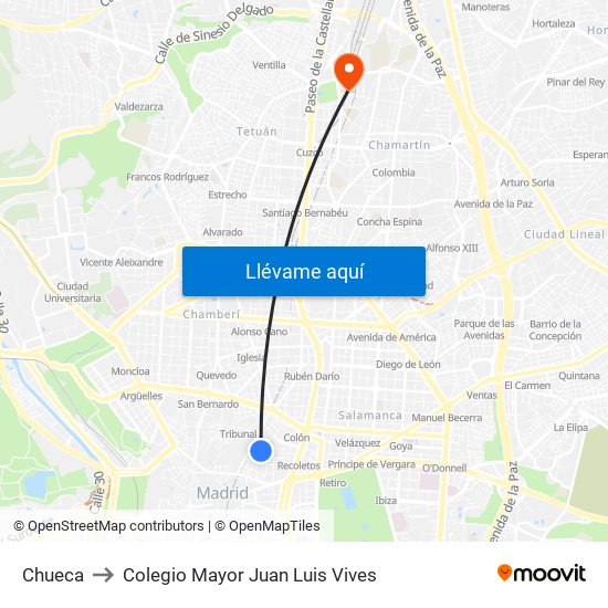Chueca to Colegio Mayor Juan Luis Vives map