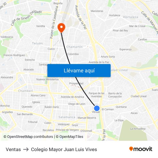Ventas to Colegio Mayor Juan Luis Vives map