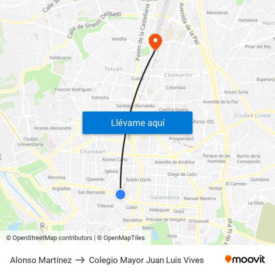 Alonso Martínez to Colegio Mayor Juan Luis Vives map