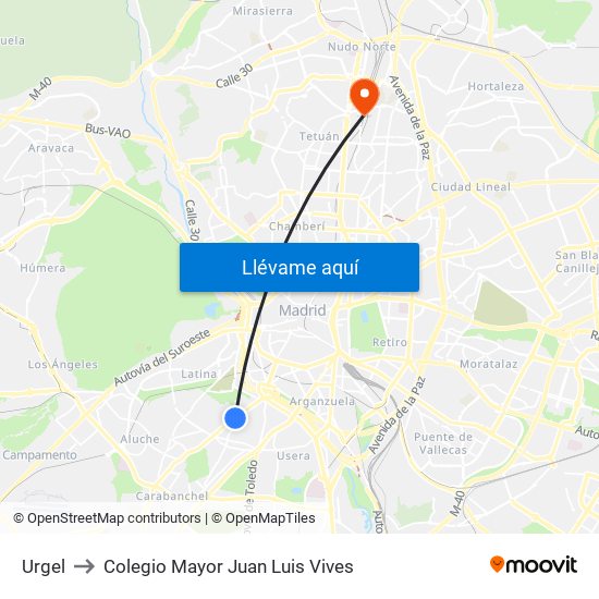 Urgel to Colegio Mayor Juan Luis Vives map