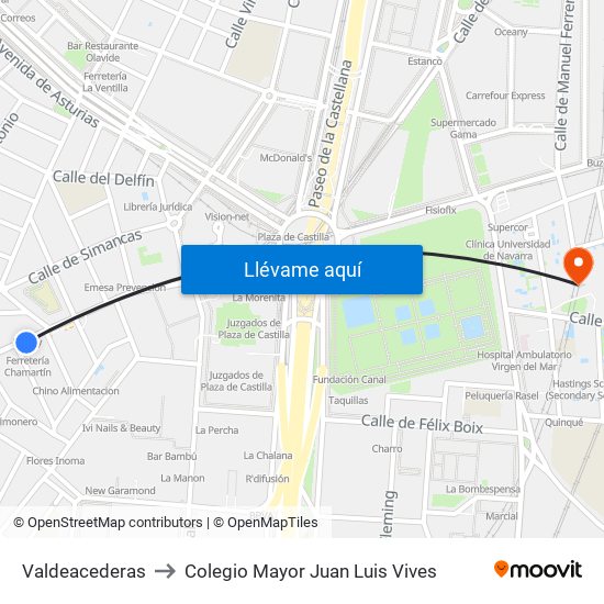 Valdeacederas to Colegio Mayor Juan Luis Vives map