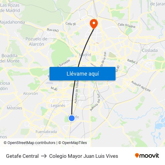 Getafe Central to Colegio Mayor Juan Luis Vives map