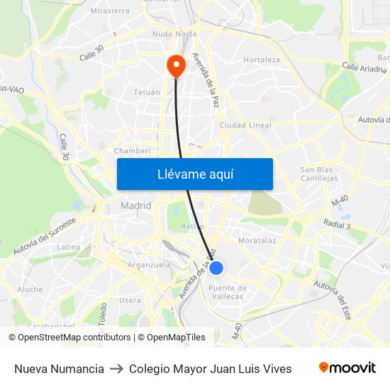 Nueva Numancia to Colegio Mayor Juan Luis Vives map