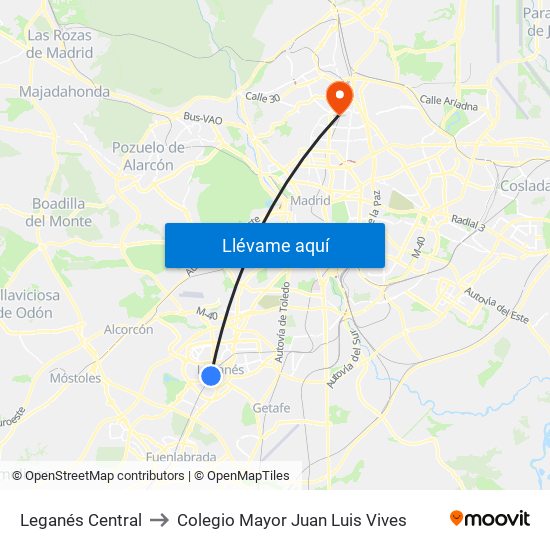 Leganés Central to Colegio Mayor Juan Luis Vives map