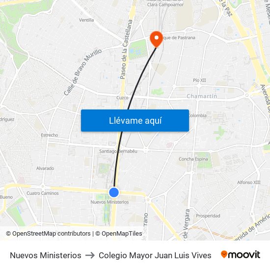 Nuevos Ministerios to Colegio Mayor Juan Luis Vives map