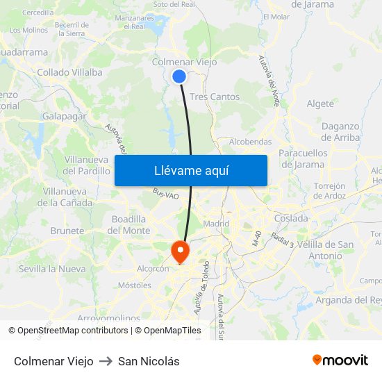Colmenar Viejo to San Nicolás map
