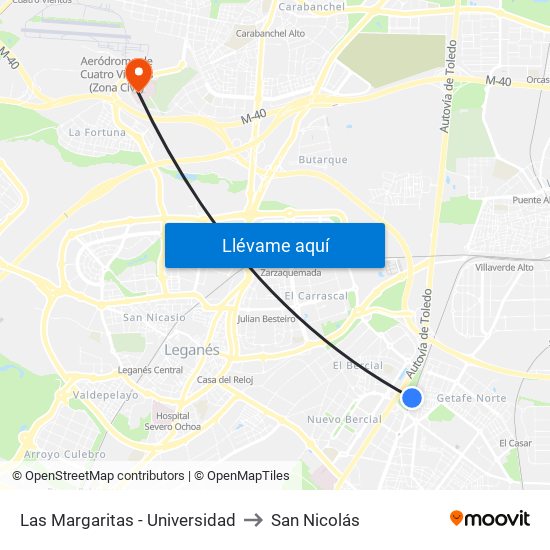 Las Margaritas - Universidad to San Nicolás map