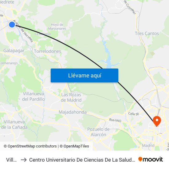 Villalba to Centro Universitario De Ciencias De La Salud San Rafael Nebrija map
