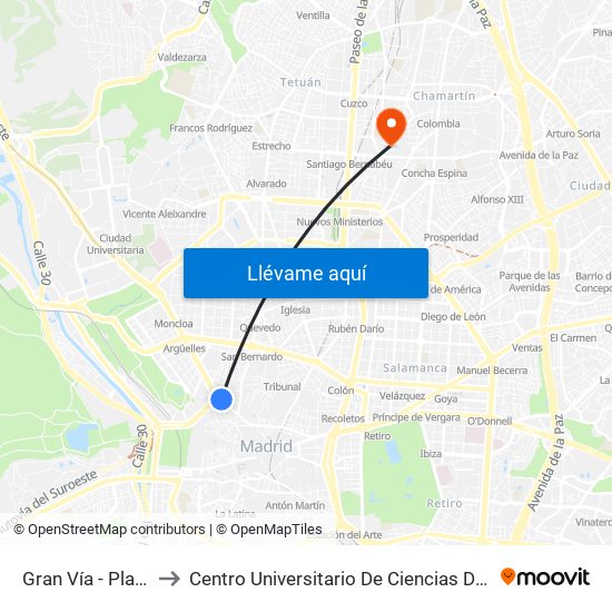 Gran Vía - Plaza De España to Centro Universitario De Ciencias De La Salud San Rafael Nebrija map