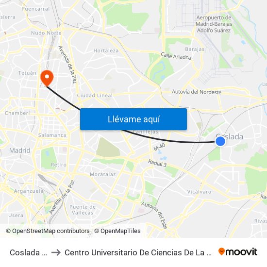 Coslada Central to Centro Universitario De Ciencias De La Salud San Rafael Nebrija map