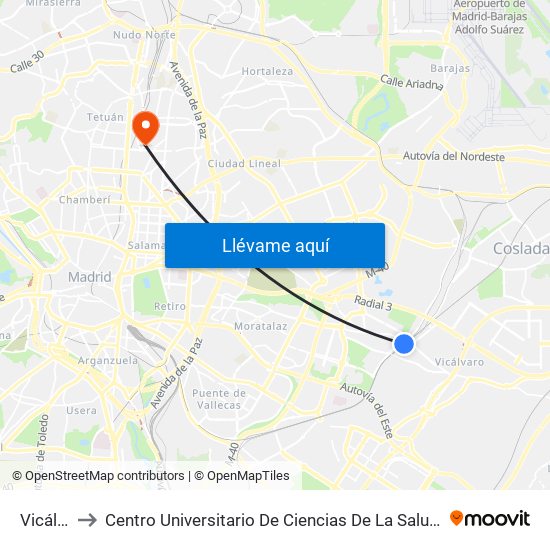 Vicálvaro to Centro Universitario De Ciencias De La Salud San Rafael Nebrija map