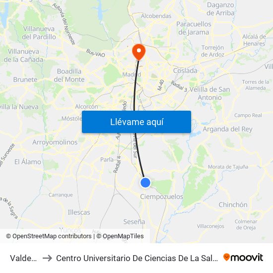 Valdemoro to Centro Universitario De Ciencias De La Salud San Rafael Nebrija map