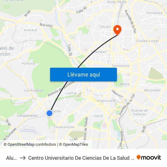 Aluche to Centro Universitario De Ciencias De La Salud San Rafael Nebrija map