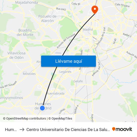 Humanes to Centro Universitario De Ciencias De La Salud San Rafael Nebrija map