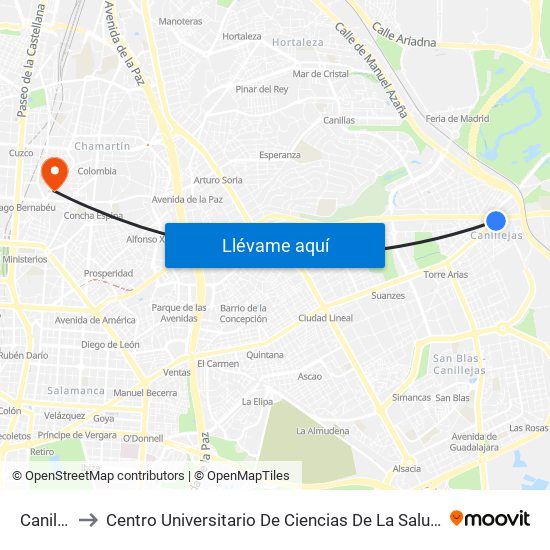Canillejas to Centro Universitario De Ciencias De La Salud San Rafael Nebrija map