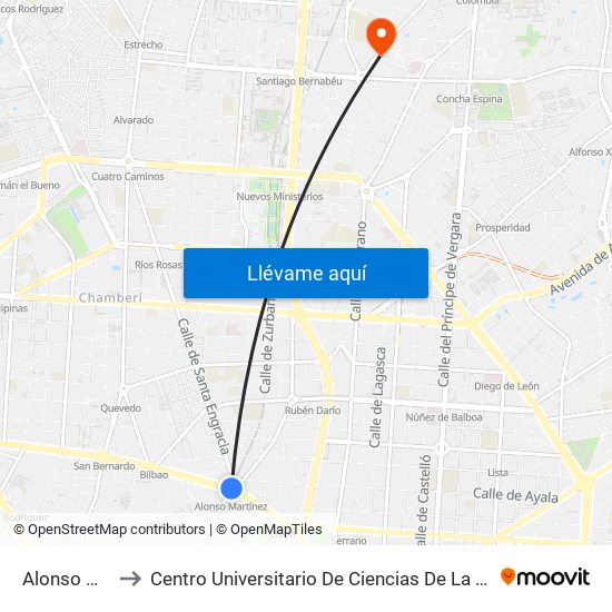 Alonso Martínez to Centro Universitario De Ciencias De La Salud San Rafael Nebrija map