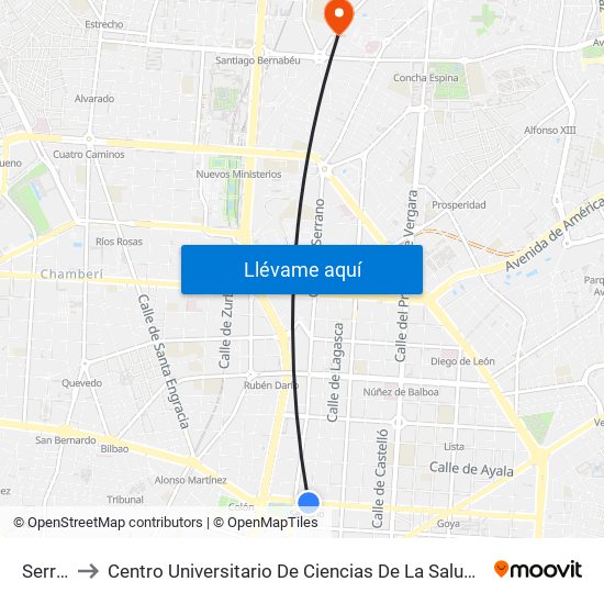 Serrano to Centro Universitario De Ciencias De La Salud San Rafael Nebrija map