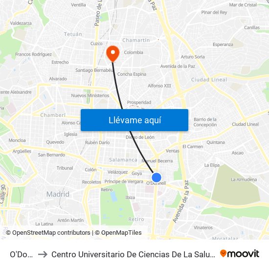 O'Donnell to Centro Universitario De Ciencias De La Salud San Rafael Nebrija map