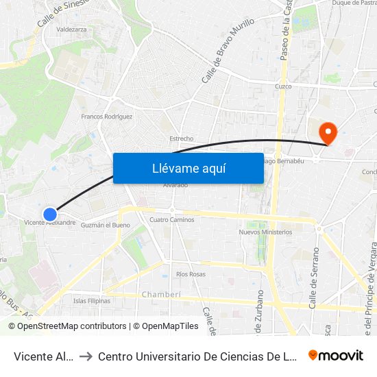Vicente Aleixandre to Centro Universitario De Ciencias De La Salud San Rafael Nebrija map